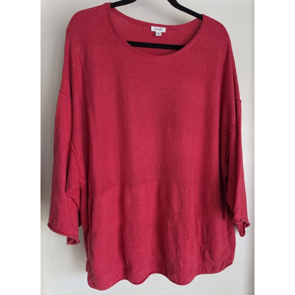 Pure Jill Sweater M Red 3/4 Sleeve Round Neck Cotton Cashmere Pullover Top